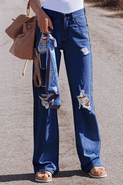 Pantalones de color liso con cintura media, pierna ancha y rotos de estilo urbano