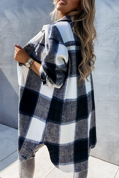 Prenda de abrigo informal con cuello vuelto, hebilla y retazos a cuadros (3 colores)