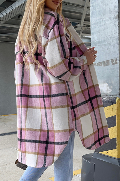 Prenda de abrigo informal con cuello vuelto, hebilla y retazos a cuadros (3 colores)