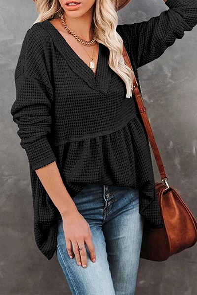 Tops casuales de cuello en V con pliegues y parches sólidos (7 colores)