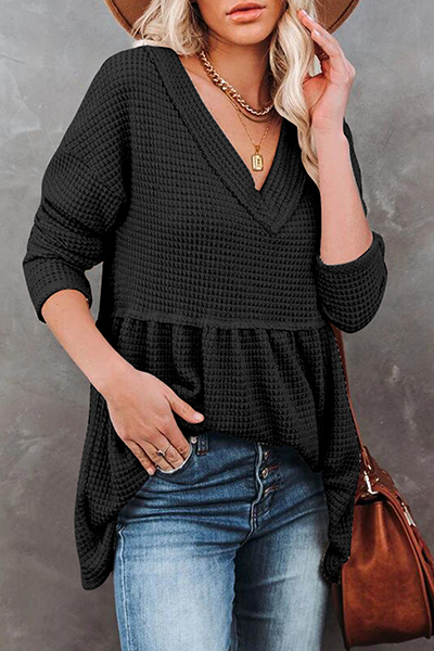 Tops casuales de cuello en V con pliegues y parches sólidos (7 colores)