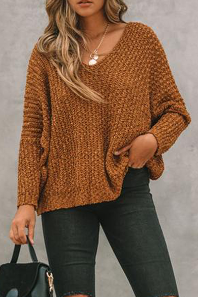 Tops casuales de calle con cuello en V dividido y unicolor