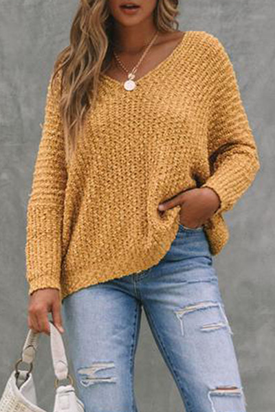 Tops casuales de calle con cuello en V dividido y unicolor