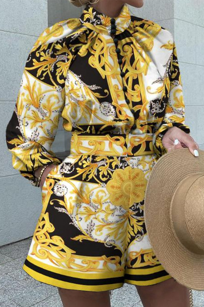 Conjunto de dos piezas con cuello alto, manga larga y estampado casual de patchwork