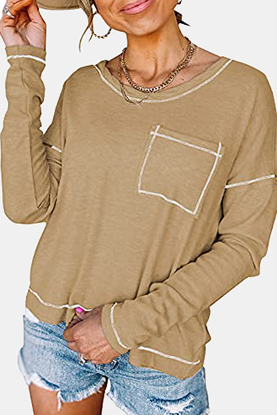 Tops casuales de cuello redondo con bolsillos y patchwork (7 colores)