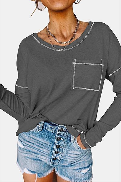 Tops casuales de cuello redondo con bolsillos y patchwork (7 colores)