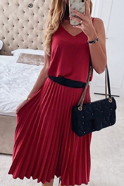 Elegant Solid Split Joint V Neck Pleated Dresses (Without Belt)£¨3 colors£©