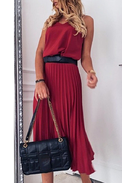 Elegant Solid Split Joint V Neck Pleated Dresses (Without Belt)£¨3 colors£©