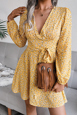 Casual Floral Patchwork Frenulum V Neck A Line Dresses(3 Colors)£©