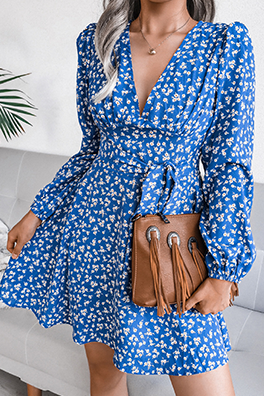 Casual Floral Patchwork Frenulum V Neck A Line Dresses(3 Colors)£©