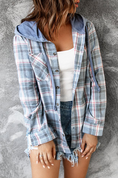Blusas de cuadros escoceses con cuello y capucha y hebilla de frenillo (4 colores)