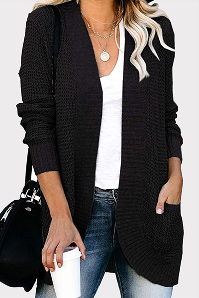 Suéter informal liso con bolsillos divididos y cuello en V
