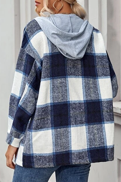 Casual Plaid Draw String Buckle Hooded Collar Outerwear