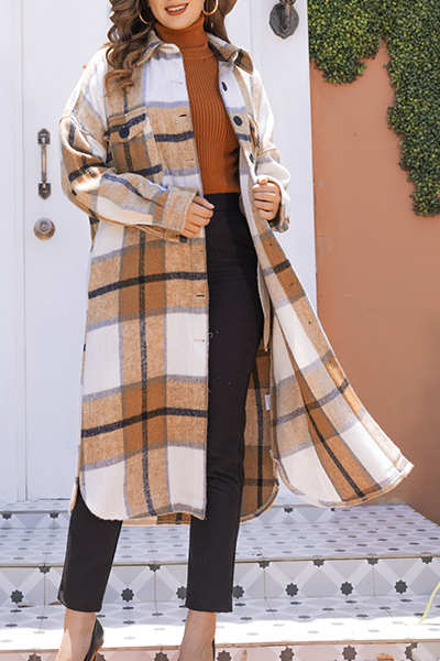 Prenda exterior informal de cuello vuelto con hebilla y bolsillo a cuadros