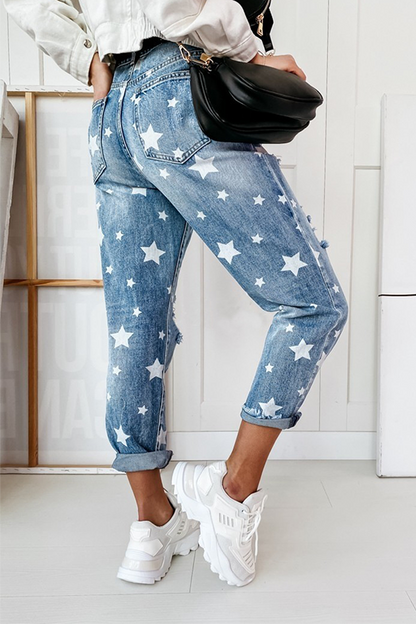 Pantalones casuales con estampado completo de estrellas, rotos y con borlas