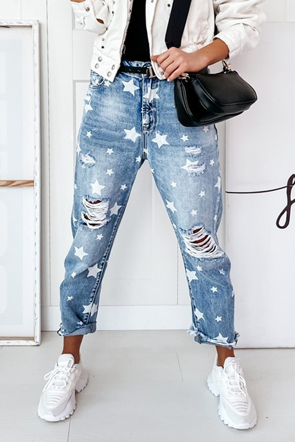 Pantalones casuales con estampado completo de estrellas, rotos y con borlas