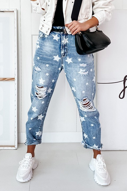 Pantalones casuales con estampado completo de estrellas, rotos y con borlas