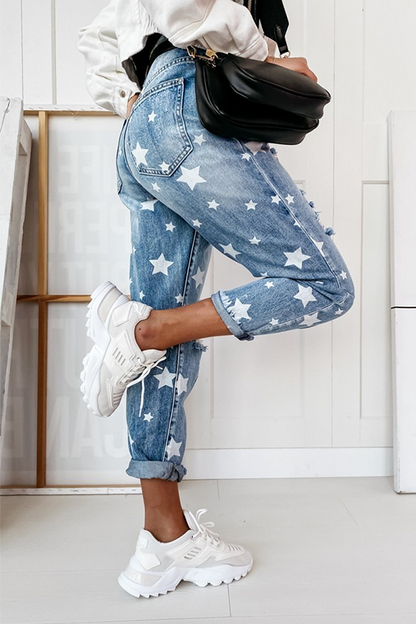Pantalones casuales con estampado completo de estrellas, rotos y con borlas