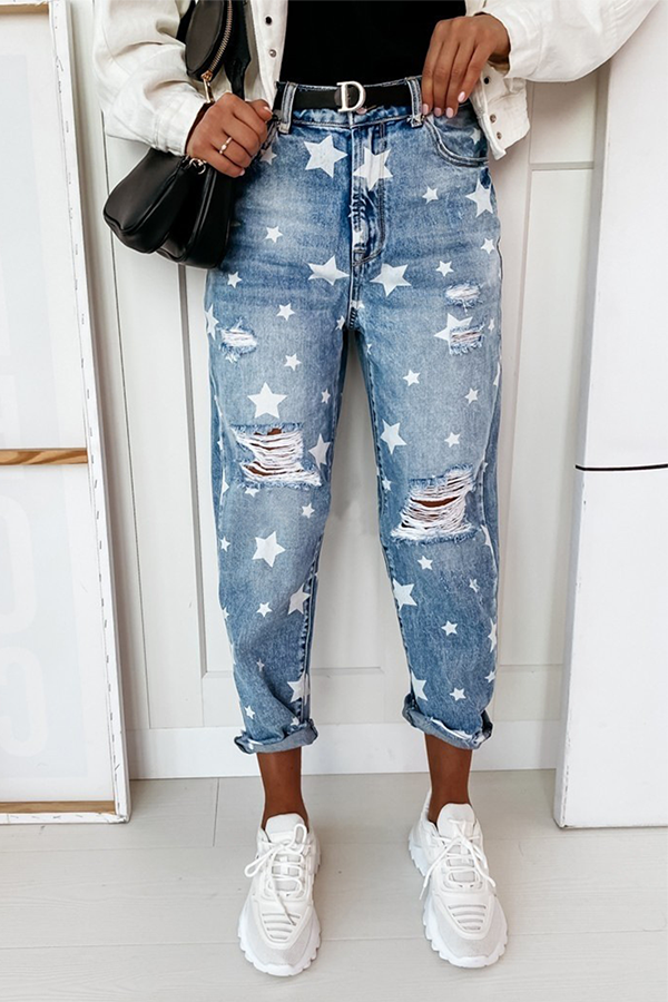 Pantalones casuales con estampado completo de estrellas, rotos y con borlas