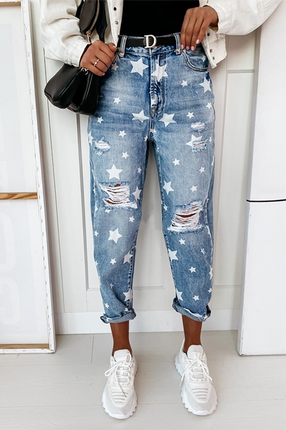 Pantalones casuales con estampado completo de estrellas, rotos y con borlas