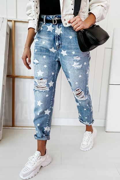 Pantalones casuales con estampado completo de estrellas, rotos y con borlas