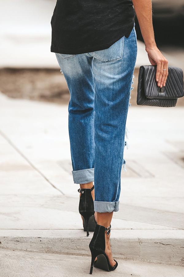 Pantalones casuales de estilo urbano con borlas y parches rotos