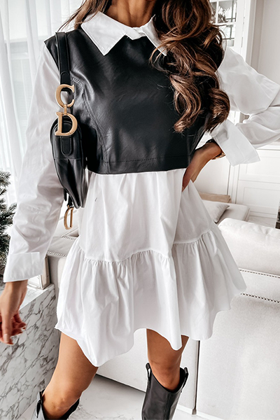 Elegant Patchwork Flounce Contrast Turndown Collar A Line Dresses(3 Colors)