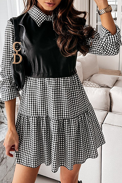 Elegante vestido de línea A con cuello vuelto, volantes y patchwork en contraste (3 colores)