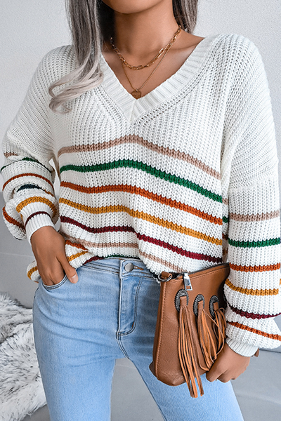 Suéter informal con cuello en V y rayas divididas