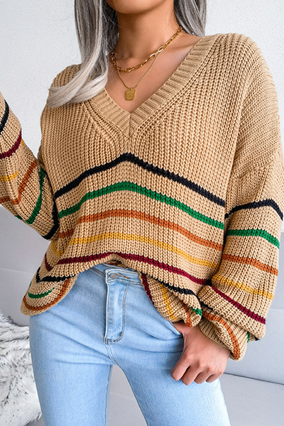Suéter informal con cuello en V y rayas divididas
