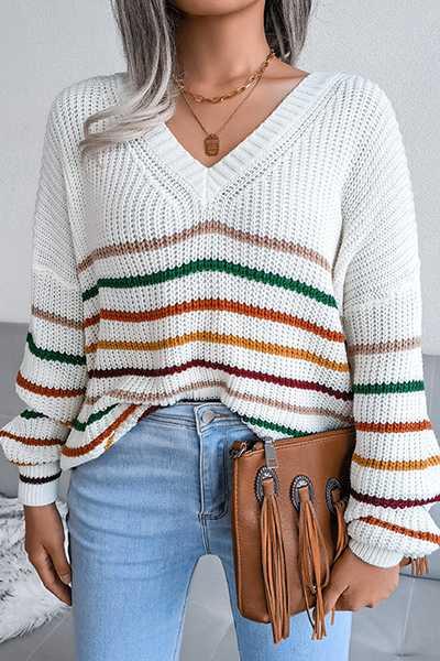 Suéter informal con cuello en V y rayas divididas