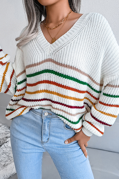 Suéter informal con cuello en V y rayas divididas