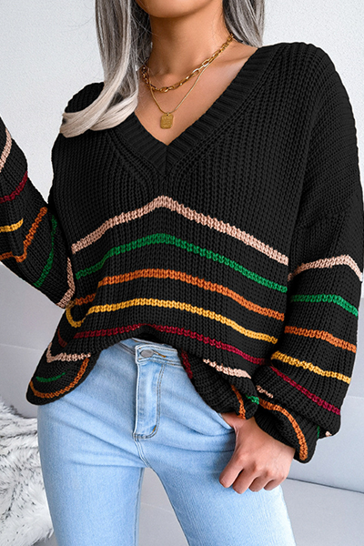 Suéter informal con cuello en V y rayas divididas