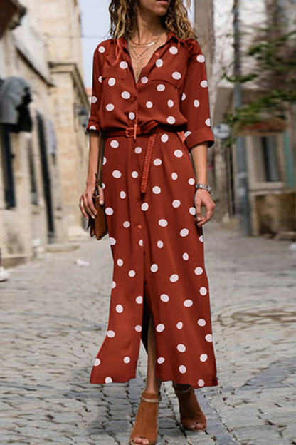 Casual Polka Dot Buckle Slit Turndown Collar Shirt Dress Dresses (Without Belt)(4 Colors)