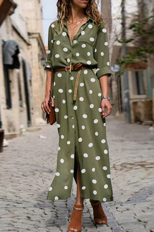 Casual Polka Dot Buckle Slit Turndown Collar Shirt Dress Dresses (Without Belt)(4 Colors)