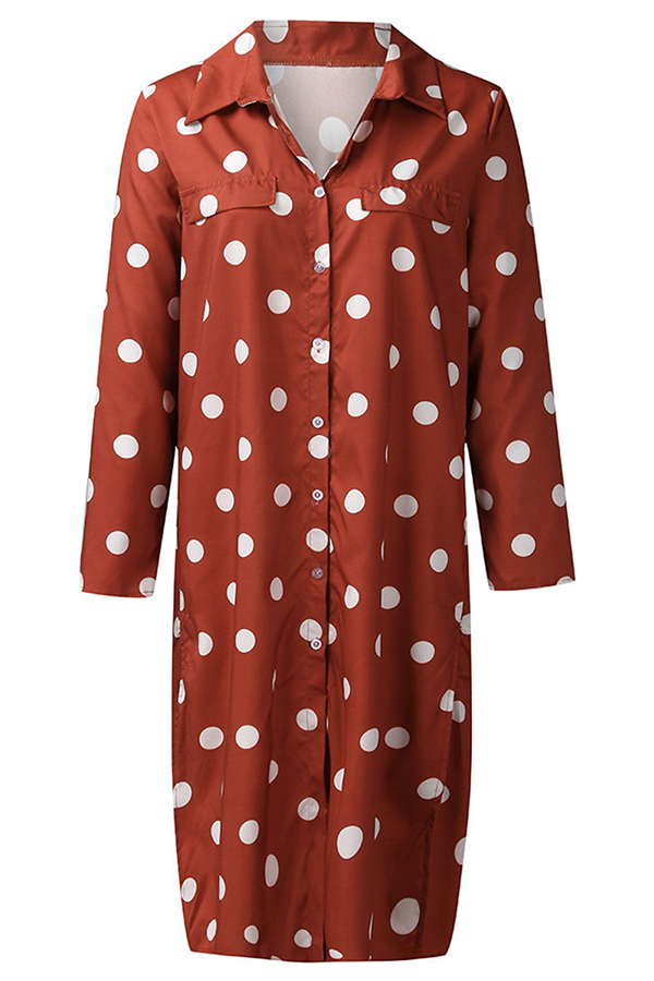 Casual Polka Dot Buckle Slit Turndown Collar Shirt Dress Dresses (Without Belt)(4 Colors)