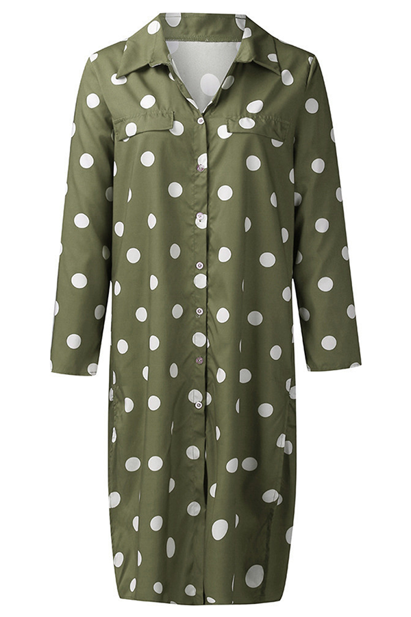 Casual Polka Dot Buckle Slit Turndown Collar Shirt Dress Dresses (Without Belt)(4 Colors)