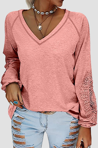 Casual Solid Lace Patchwork V Neck T-Shirts(6 Colors)