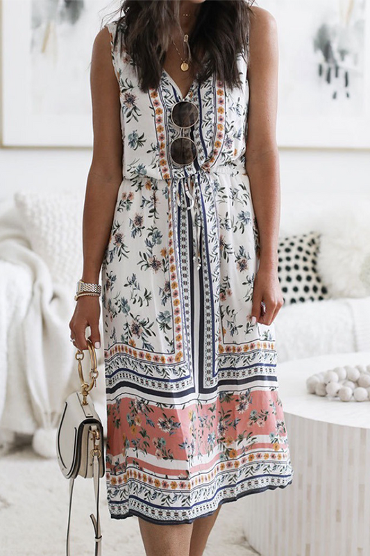 Vestidos casuales florales con frenillo dividido y escote en V en forma de A