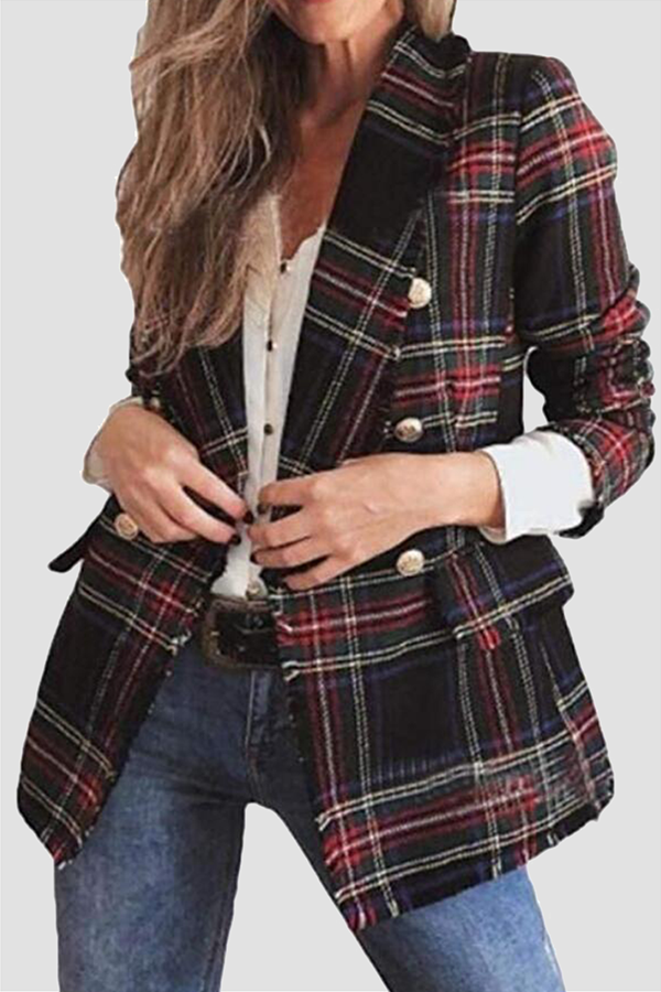 Prenda de abrigo informal con cuello vuelto, hebilla y retazos a cuadros (4 colores)