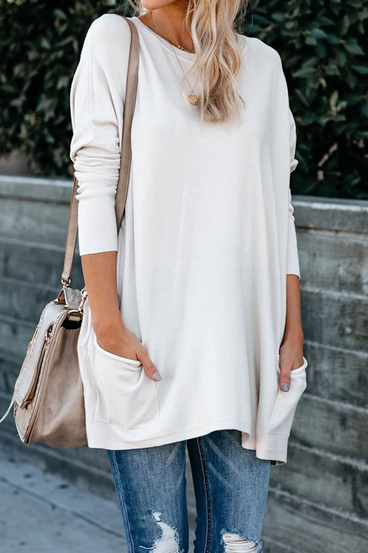 Tops casuales de cuello redondo con bolsillos y parches sólidos