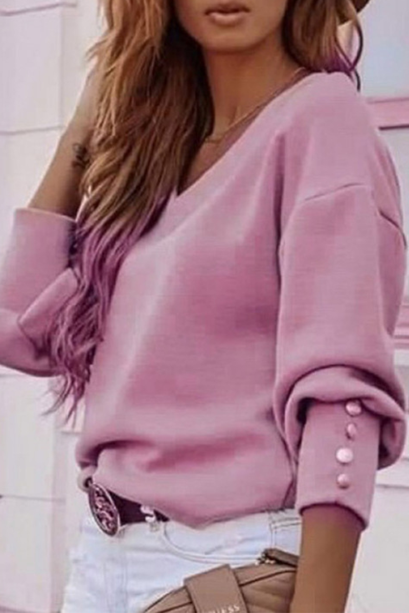 Tops casuales de cuello en V con hebilla y parches sólidos (7 colores)