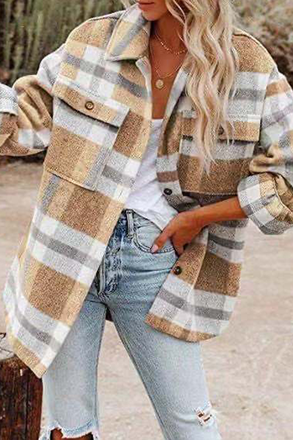 Prenda de abrigo informal con cuello vuelto, hebilla y bolsillo a cuadros (8 colores)