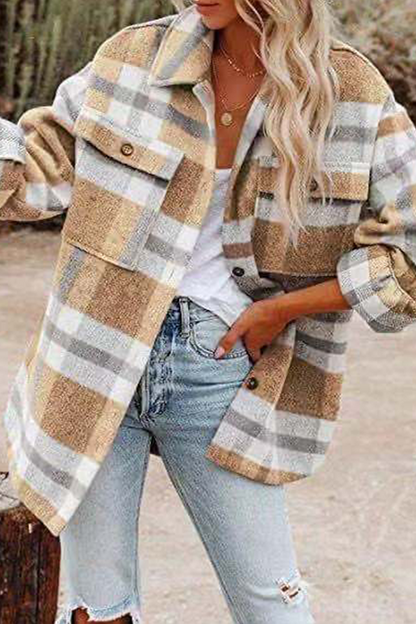 Prenda de abrigo informal con cuello vuelto, hebilla y bolsillo a cuadros (8 colores)