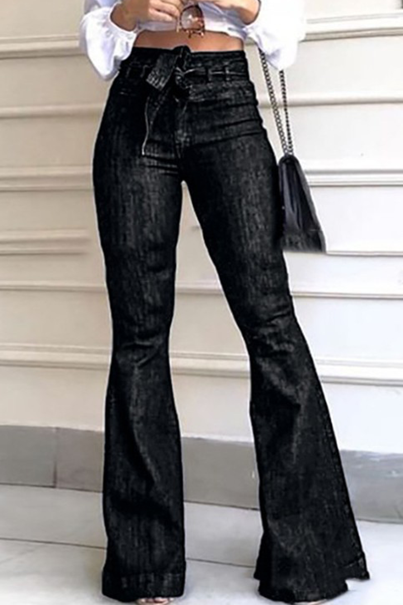Casual Solid Patchwork Mid Waist Boot Cut Denim Jeans