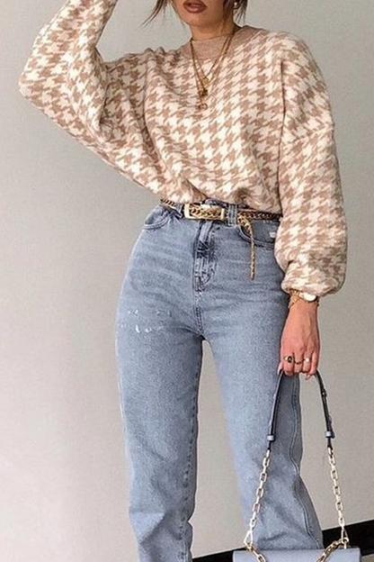 Suéter de cuello redondo con contraste de patchwork geométrico de moda urbana (3 colores)