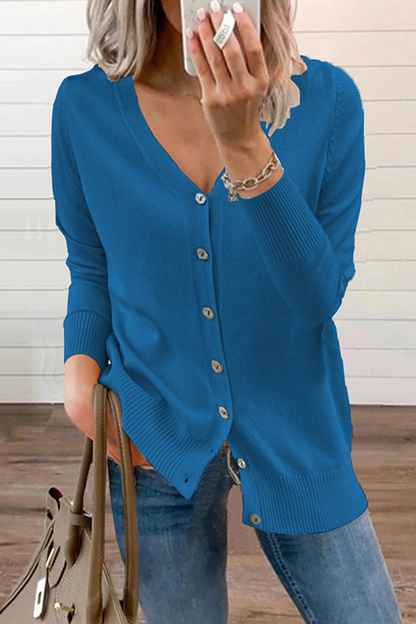 Casual Solid Patchwork Buckle V Neck Sweater(12 Colors)