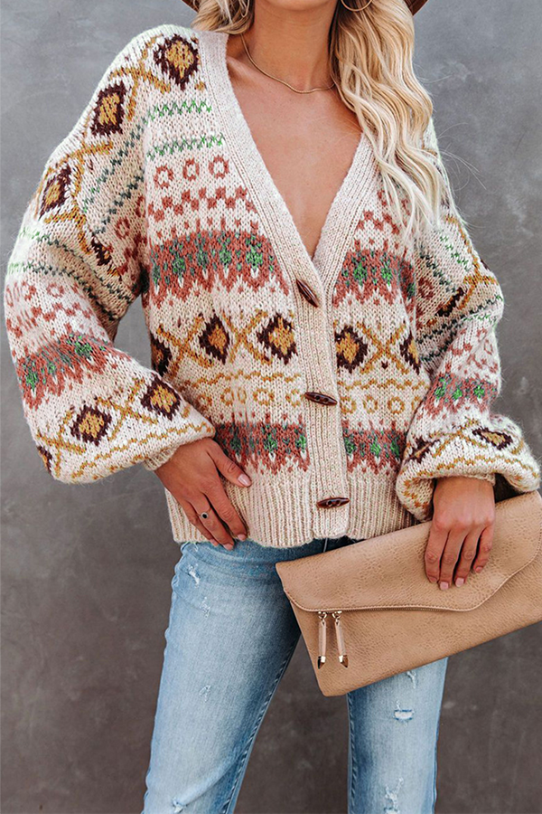 Casual Geometric Split Joint Buckle V Neck Outerwear Sweater(3 colors)
