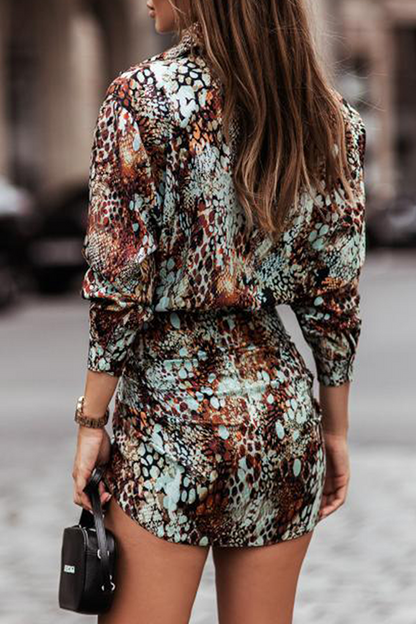 Fashion Elegant Print Buckle Strap Design Turndown Collar Waist Skirt Dresses(4 Colors)