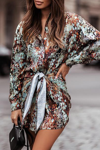 Fashion Elegant Print Buckle Strap Design Turndown Collar Waist Skirt Dresses(4 Colors)